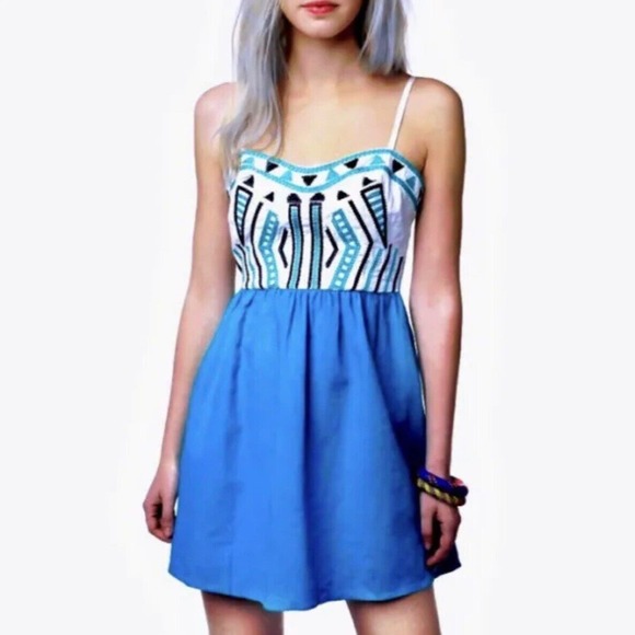 Staring‎ At Stars Anthropoligie Dress Women 4 Sleeveless Aztec Boho Mini Linen - Picture 1 of 16